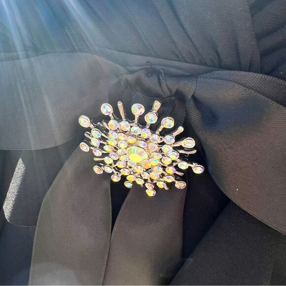 Cache Black Ruffle Cocktail Dress Ruched Sweetheart Satin Jewel Waist Accent 10 - Picture 9 of 12